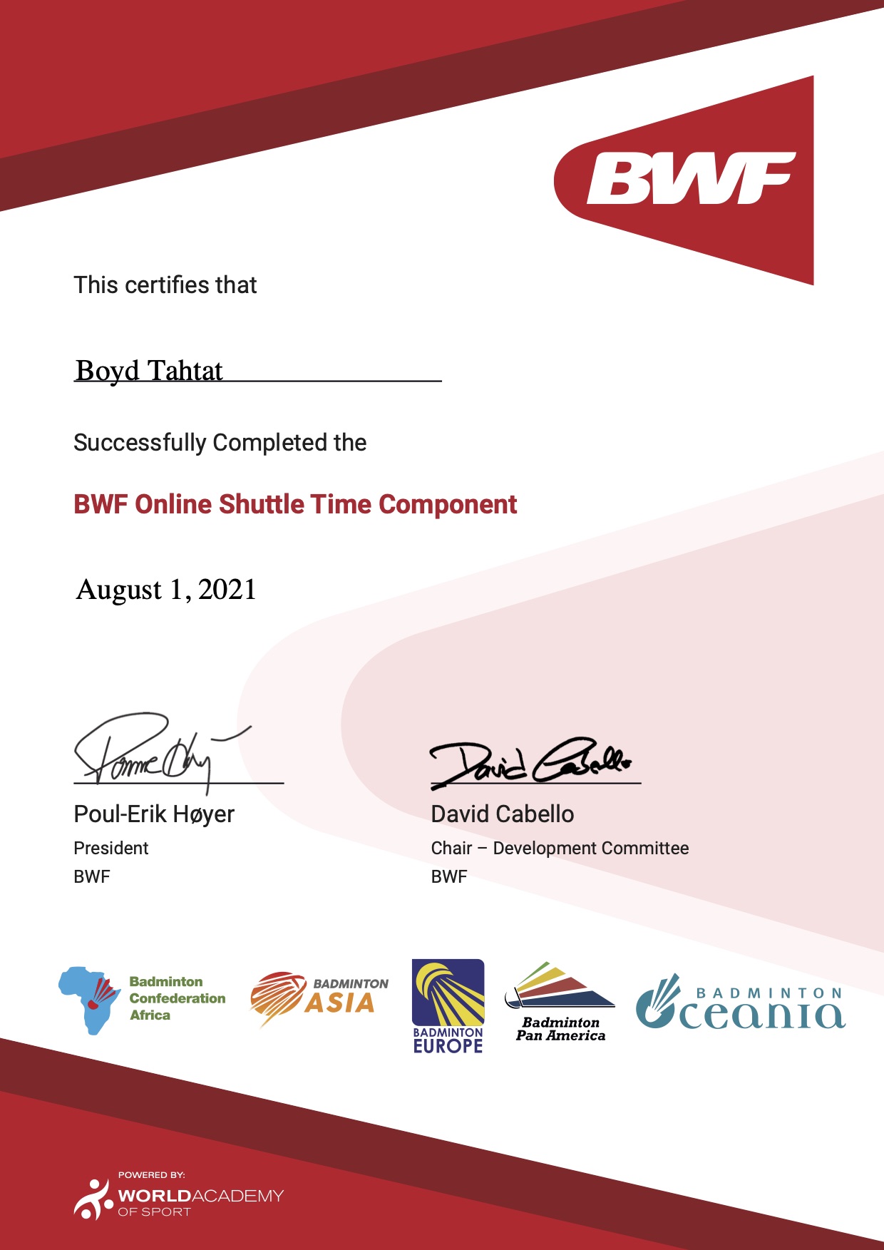 BWF Shuttle Time Certificate